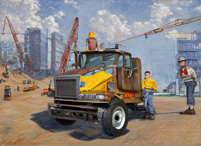 Image similar to a boy and his construction truck friends in a construction site in the style of pixars cars, in the style of jeremy enecio, intricate, miles johnston, monet, cynical realism, john william godward, painterly, yoshitaka amano, miles johnston, louise zhang, pekka halonen, finnish naturalism, realism