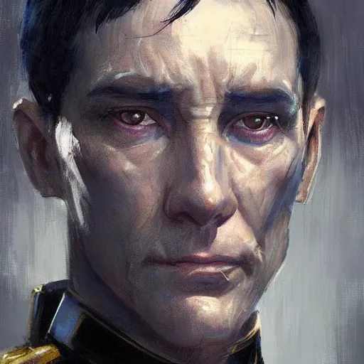 Prompt: portrait of a man by greg rutkowski, blue skin, short black hair in military style, tall, star wars expanded, universe, he is about 5 0 years old, wearing white colored imperial admiral uniform, artstation hq