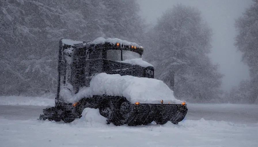 Image similar to snowplow covered by snow in beautiful winter landscape. fog, snowstorm, photorealistic rendering, octane, depth of field, blurry