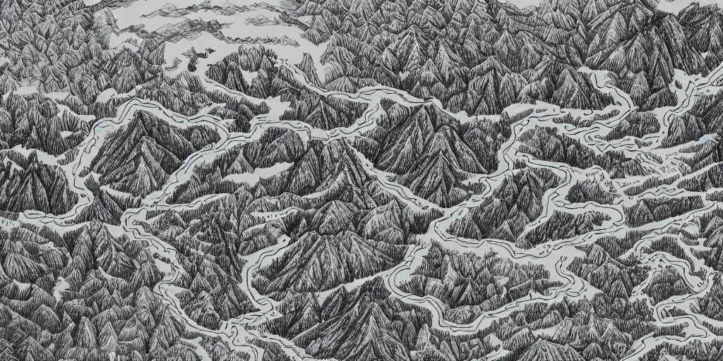 Prompt: A detailed hand drawn map of the forest with mountains and rivers