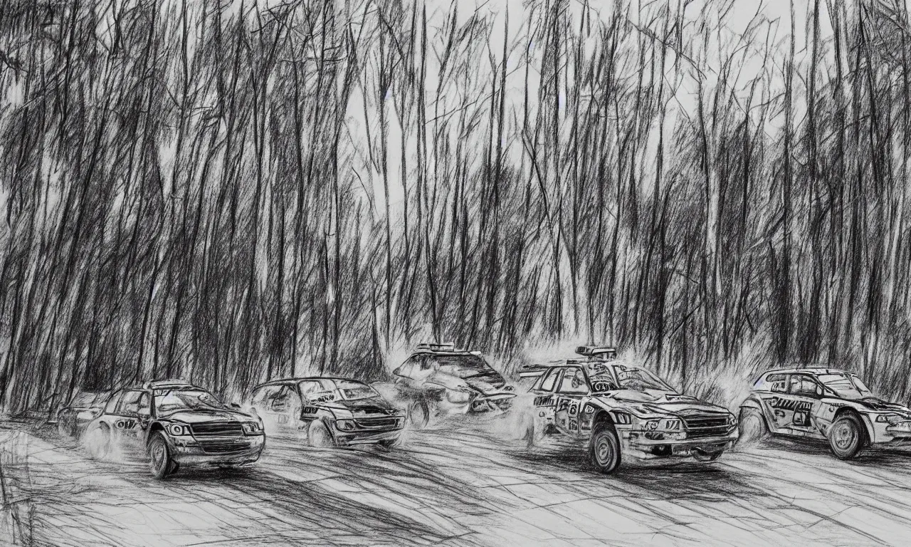 Image similar to 3 rally cars racing through a forest with a river behind them, sun shining through the trees, pencil sketch,