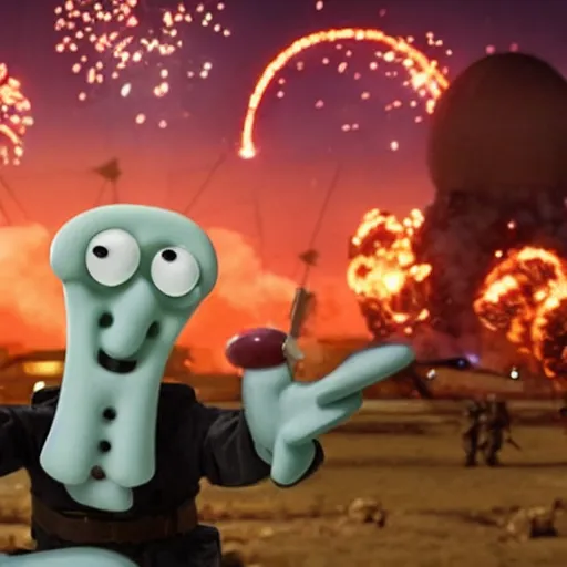 Prompt: squidward as a military leader with explosions behind him