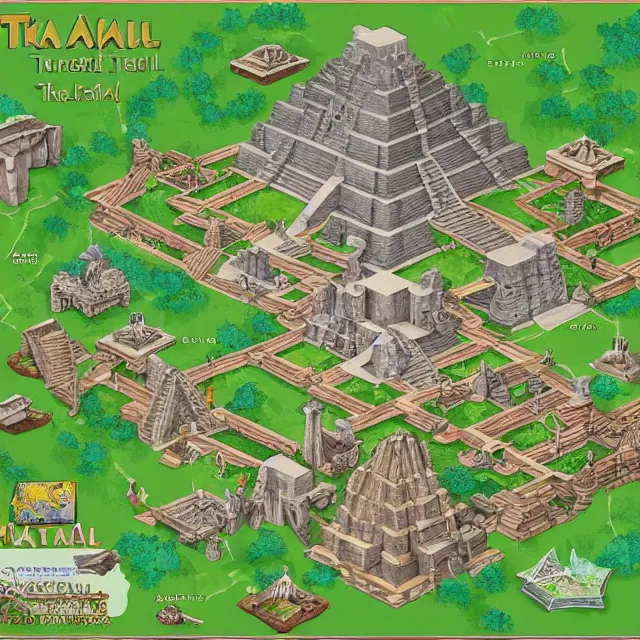 Image similar to an isometric game map of Tikal, Lost World Pyramid, Tikal Temple IV, Maya Temples