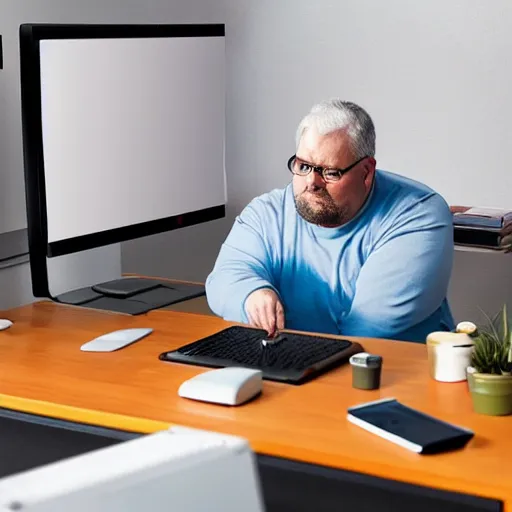 Image similar to color painting, highly realistic, heavyset man typing at his computer, using his mouse, looking at the screen, sitting in an office chair in his dimly lit bedroom