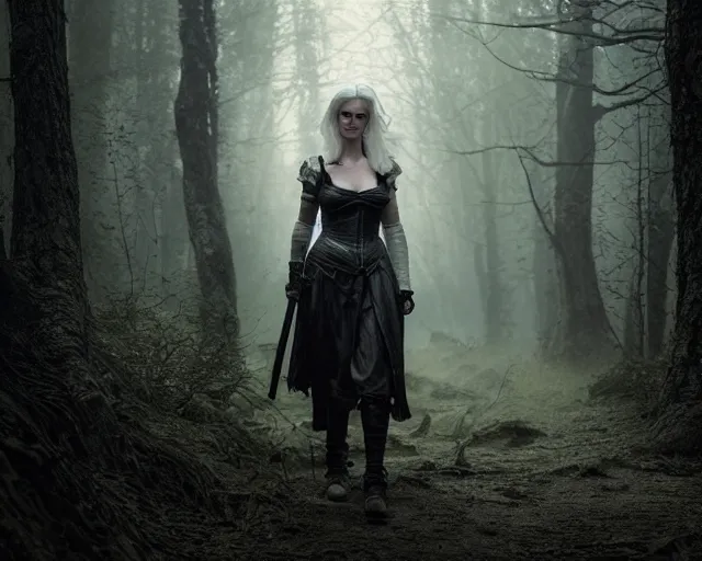 Image similar to 5 5 mm portrait photo of a real life tough looking eva green as ciri in leather armor with silver hair and a large scar along her left cheek, in a magical forest. dark atmosphere. art by greg rutkowski. highly detailed 8 k. intricate. lifelike. soft light. nikon d 8 5 0.