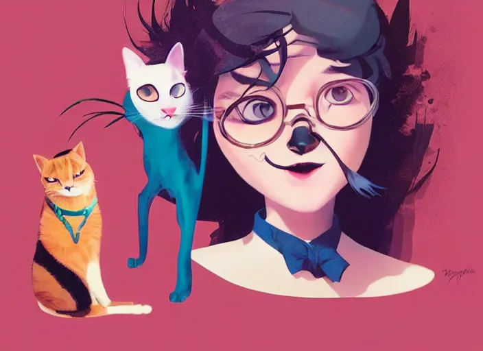 Prompt: a tomboy girl being happy with her cat. style by petros afshar, christopher balaskas, goro fujita, and rolf armstrong.