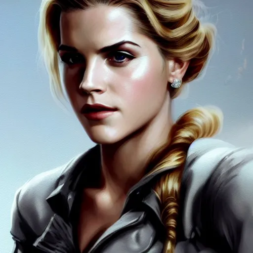 Image similar to A combination of Katheryn Winnick's and Grace Kelly's and Emma Watson's appearances as Solid Snake from Metal Gear Solid, full body portrait, western, D&D, fantasy, intricate, elegant, highly detailed, digital painting, artstation, concept art, matte, sharp focus, illustration, art by Artgerm and Greg Rutkowski and Alphonse Mucha