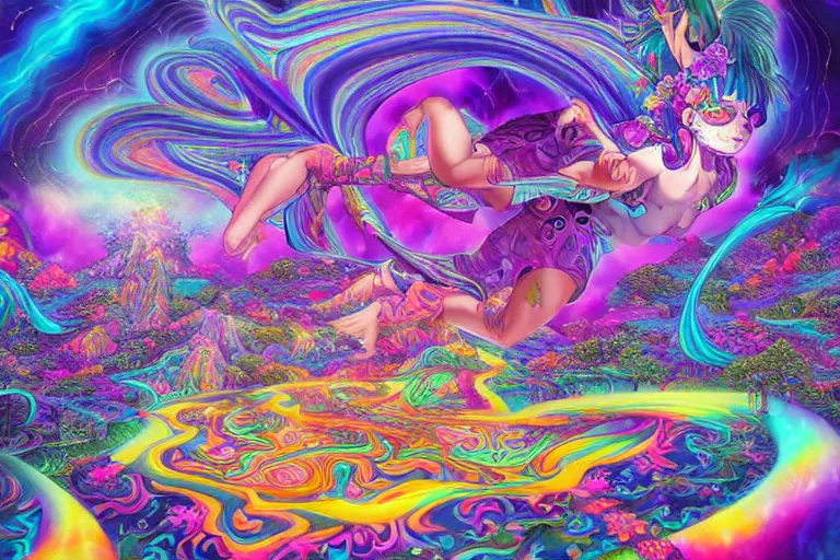 Image similar to a psychedelic realm at the edge of existence where intensely creative astral beings exist, in the style of WLOP, lisa frank, and masashi kishimoto, illustration, epic, fantasy, hyper detailed, smooth, unreal engine, sharp focus, ray tracing