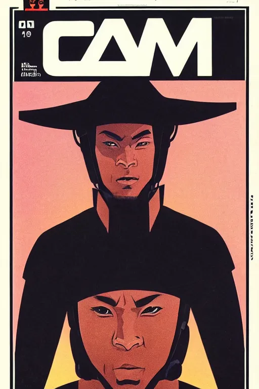 Image similar to 1 9 7 9 omni magazine cover of kianu reeves in a samurai hat. piercing gaze. simple stylized cyberpunk photo by josan gonzalez.