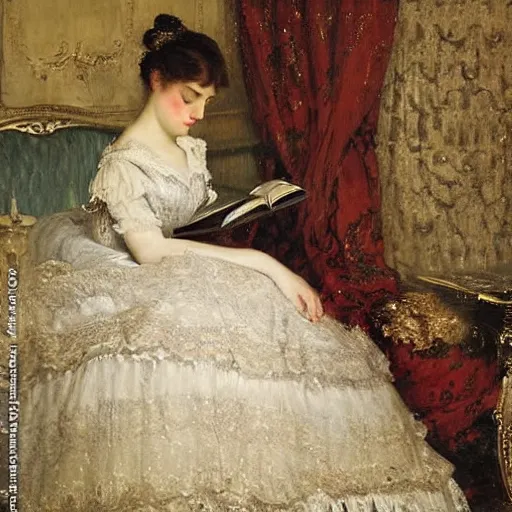 Prompt: young victorian lady in ball gown falling asleep while reading a book, painted by alfred stevens