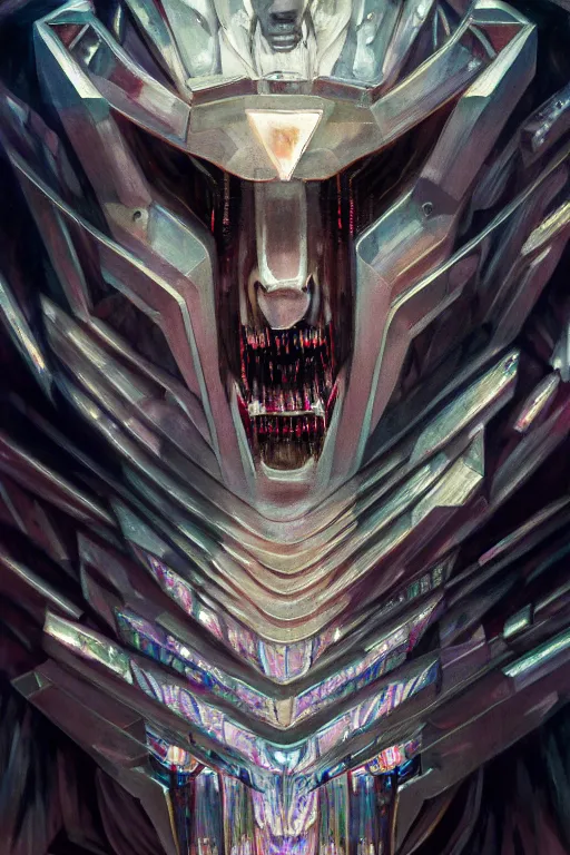 Image similar to dreamland of chinese, ghost, sharp, slender and densely arranged teeth, dystopian, cyberpunk, nanotech demonic monster horror, mecha, halfturn portrait of a big crystal face made of crystals half - turn, ominous, intricate, studio, art by anthony macbain + greg rutkowski + alphonse mucha, concept art, 4 k, sharp focus