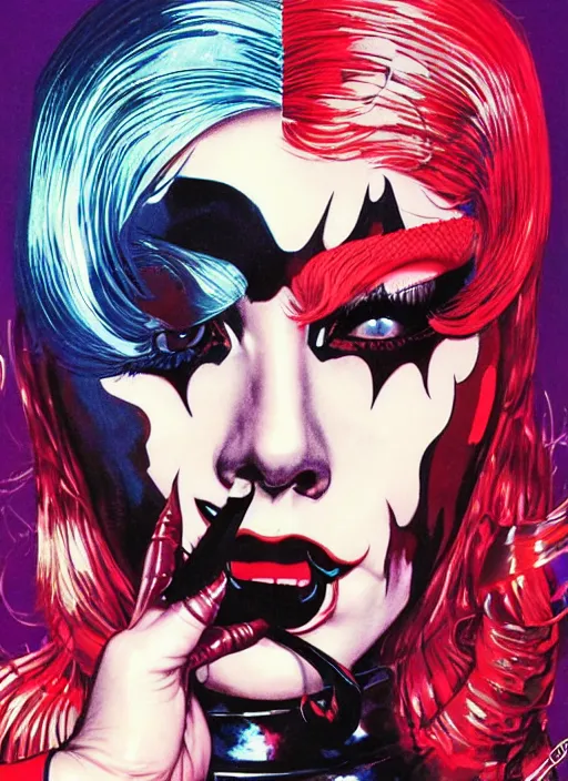 Image similar to lady gaga as harley quinn, horror, high details, intricate details, by vincent di fate, artgerm julie bell beeple, 1 9 6 0 s, inking, vintage 6 0 s print, screen print