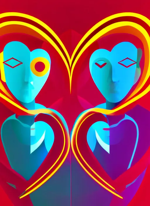 Image similar to vector art by santiago calatrava, perfectly centered symmetrical balanced male and female portrait of man and woman in love sharing one heart. high coherence ; fractal geometrical 8 k ultra hd