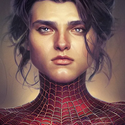 Image similar to Beautiful portrait of spiderman, wide angle, intricate, wild, highly detailed, digital painting, artstation, concept art, smooth, sharp focus, illustration, art by artgerm and greg rutkowski and alphonse mucha - W 768