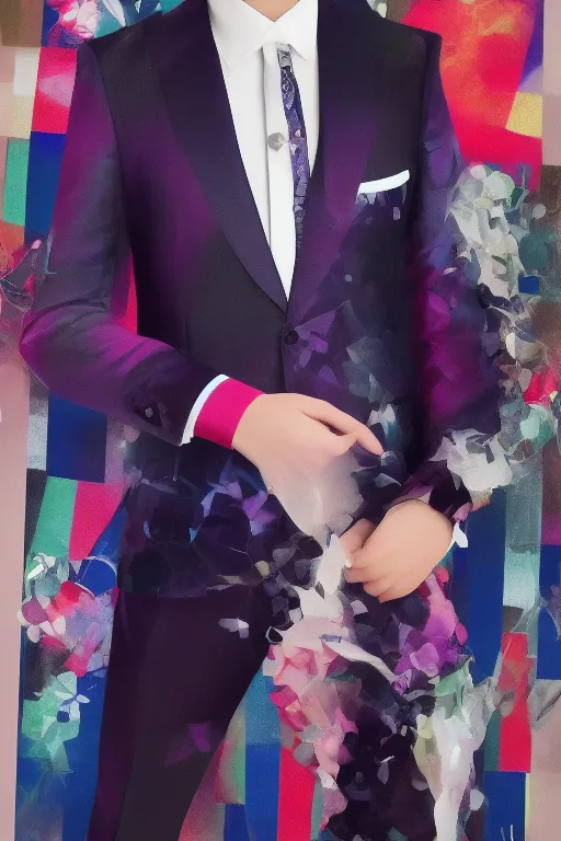 Prompt: hyper realistic male powersuit dapper look artwork of high - end haute couture bespoke fashion by ali sabet, lisa frank & sho murase