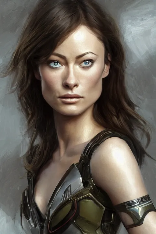 Image similar to a professional painting of a young Olivia Wilde, clothes in military armor, olive skin, long dark hair, beautiful bone structure, symmetrical facial features, intricate, elegant, digital painting, concept art, smooth, sharp focus, illustration, from StarCraft by Ruan Jia and Mandy Jurgens and Artgerm and William-Adolphe Bouguerea