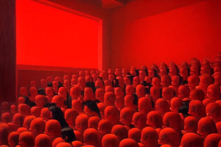 Image similar to only with red, crowd screaming, an exposed painting in a roman theater, in the style of beksinski, parts by edward hopper, parts by rodcenko, parts by yue minjun, intricate and epic composition, red by caravaggio, insanely quality, highly detailed, masterpiece, red light, artstation, 4 k