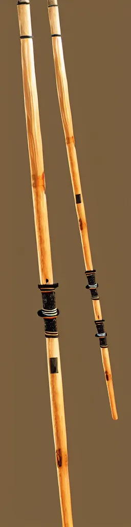 Image similar to single wooden long straight thin ninja fighting staff with oriental ornaments, weapon, highlight, vertical, centred, highly symmetric, sci - fi, fantasy, japan, dnd, close shot, bright uniform background, directional lighting, digital art, hyperrealism, award winning, 8 k