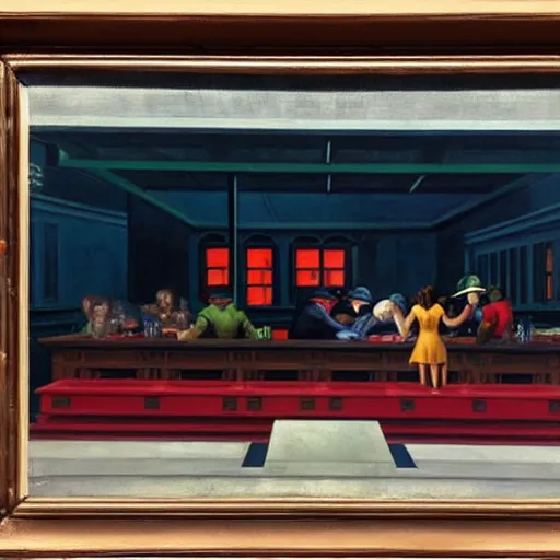 Image similar to 1942 oil on canvas painting by Edward Hopper, Nighthawks, Marvel Superheros