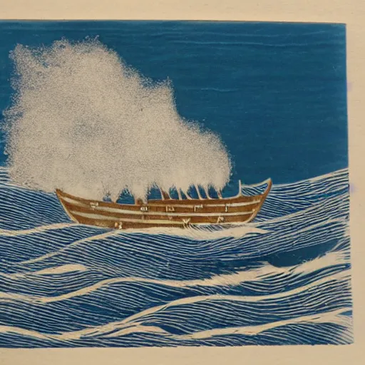 Prompt: a viking boat, at see on high waves, lots of wind, spray, see foam, blue ink, engraving