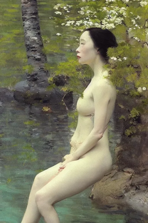 Image similar to “ woman in kimono, posing underwater before birch trees, jeremy lipking, joseph todorovitch ”