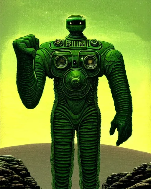 Prompt: portrait giant green humanoid with his fist up, brown armor, background ancient alien landscape, low angle, close up, concept art, intricate details, highly detailed, vintage sci - fi poster, retro future, vintage sci - fi art, in the style of chris foss, rodger dean, moebius, michael whelan, and gustave dore