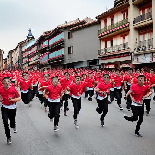 Prompt: the running of the screaming kim jong uns in pamplona spain