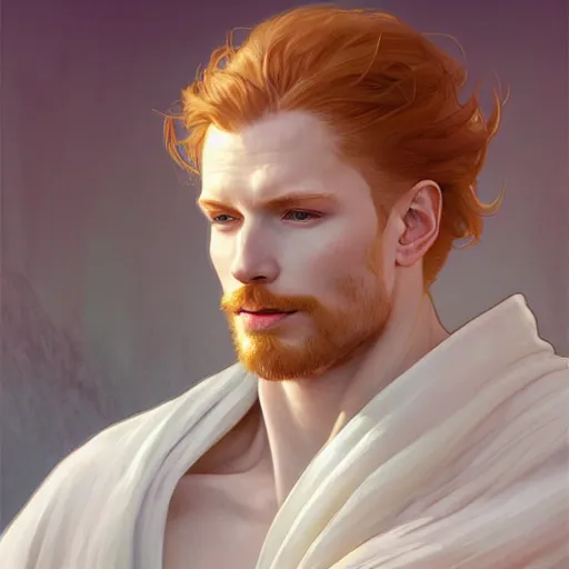 Image similar to beautiful natural male ginger angel wearing white robes, intricate, elegant, highly detailed, digital painting, artstation, concept art, smooth, sharp focus, illustration, art by artgerm and greg rutkowski and alphonse mucha and loish and WLOP