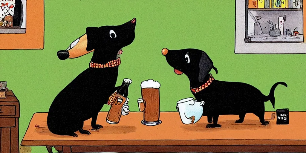 Prompt: a small black dog drinking beer by richard scarry