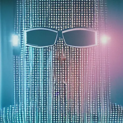 Prompt: cyber - polaroid of a male cyborg with glasses, soft emotion, cybernetic, ethereal curtain, starburst, chrome vortex, vibrant scattered light, reflective glass, lcd screen, 1 9 6 0 s, computer - generated, dreamy
