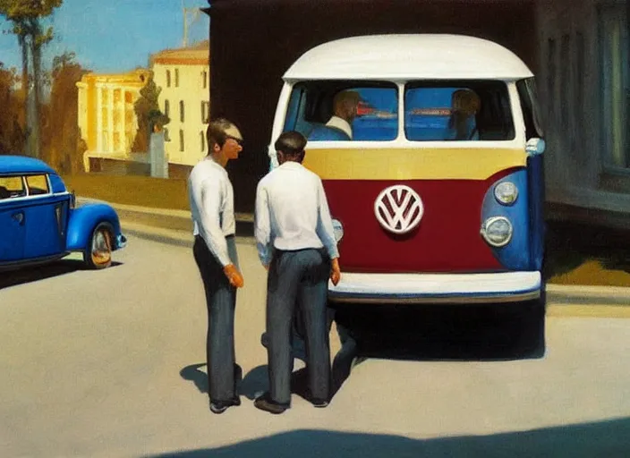 Image similar to painting, two young men and women near vw bus, by edward hopper, bernardo bertolucci dreamers movie scene