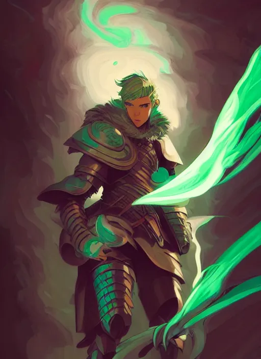 Image similar to style artgerm, joshua middleton, illustration, john krasinski as rune knight wearing green pelt light armor, anime eyes, blue hair, swirling water cosmos, fantasy, dnd, cinematic lighting