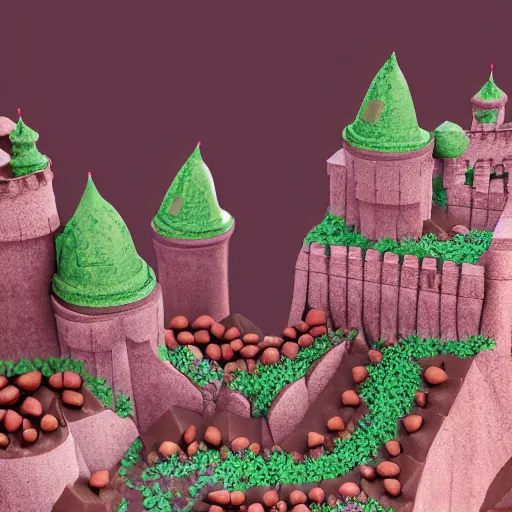 Image similar to Castles made of cake, on jagged chocolate mountains, near a strawberry smoothie river, highly detailed, 8k octane render