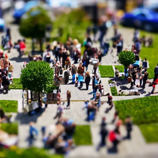 Prompt: tiny, miniature, people, sunny, depth of field, tilt shift effect