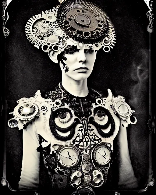 Image similar to surreal black and white tintype photo portrait of complex bio-mechanical beautiful young female vegetal-cyborg with a Mandelbrot fractal steampunk metal fine lace face, a very long neck and a fine metal floral foliage super big lace collar by Alexander McQueen:: smoke, high fashion, haute couture, rococo, steampunk, silver filigree details, anatomical, facial muscles, cable wires, microchip, elegant, dreamy, foggy atmosphere, hyper realistic, 150 mm lens, soft rim light, octane render, unreal engine, picture was taken in 1910 by Man Ray, volumetric lighting, dramatic light,8k,