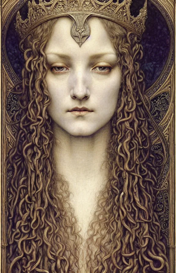 Image similar to detailed realistic beautiful young medieval queen face portrait by jean delville, gustave dore and marco mazzoni, art nouveau, symbolist, visionary, gothic, pre - raphaelite. horizontal symmetry