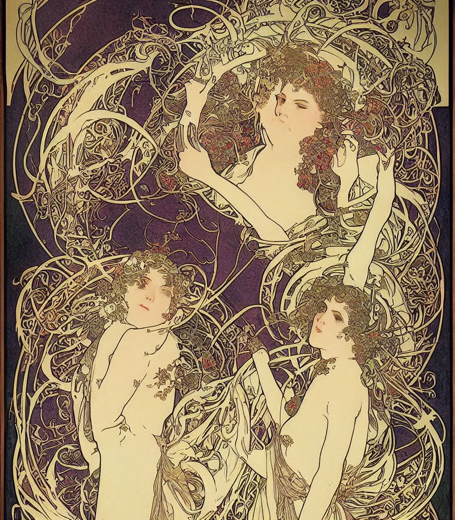 Prompt: an art noveau poster of a beautiful moon goddess by Mucha