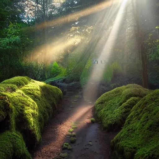 Prompt: sun beams god ray into a forest grove, little gnomes, wooden moss covered houses, birds, flowing streams, cobblestone, windows lit up, thatched roofs, smoke puffing from chimneys, great forest trees, beautiful flowers, magical sunlight, yoshitaka amano, stunning, trending, best ever,