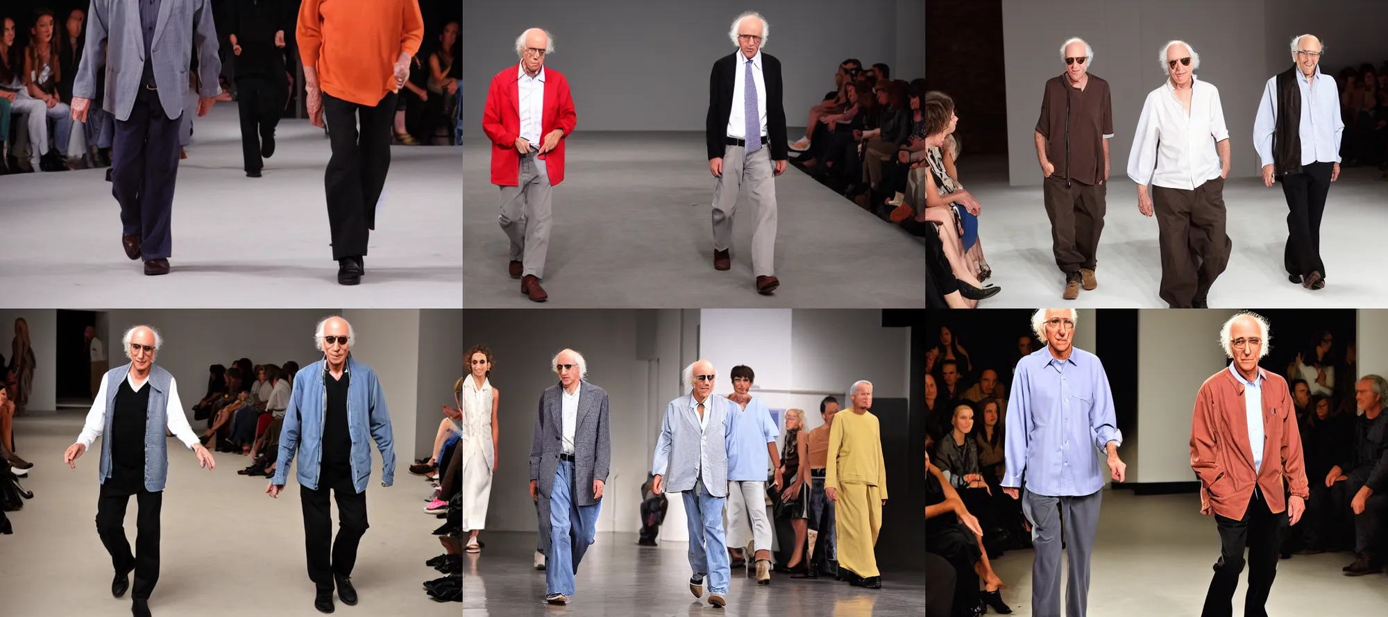 Prompt: Larry David walking on the catwalk fashion week