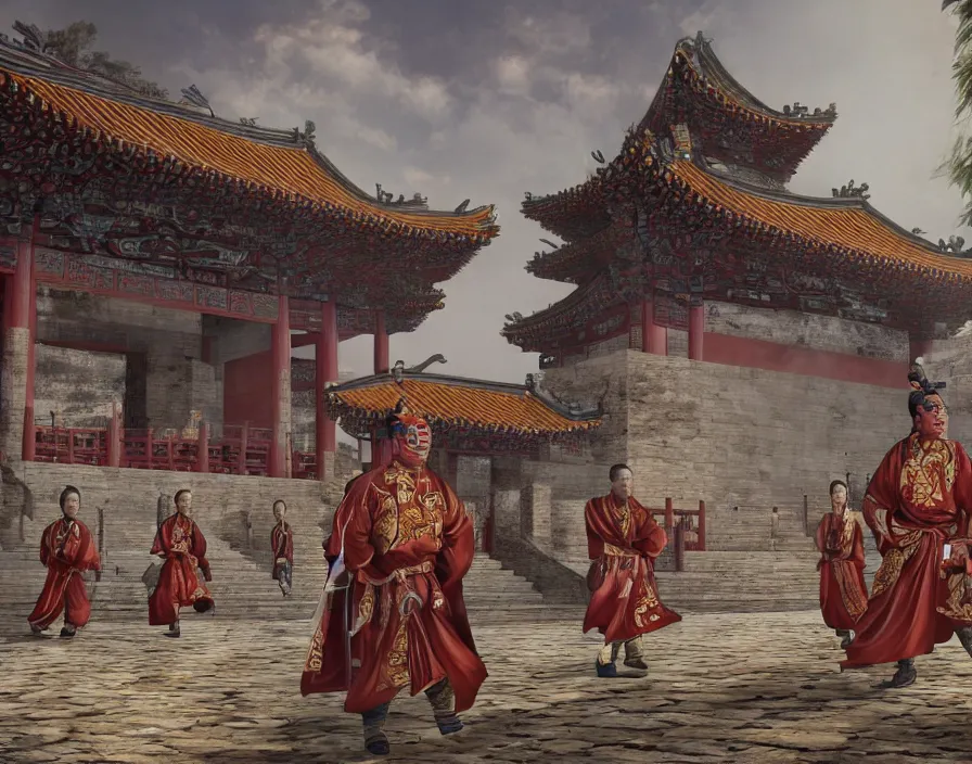 Image similar to ancient chinese military generals in old asian temple, beautiful texture, beautiful graphics, fantasy artwork, very beautiful scenery, hd, hdr, ue 5, ue 6, unreal engine 5, cinematic 4 k wallpaper, 8 k, ultra detailed, by popular digital, details, beautiful image ever created, high resolution, artstation, award winning