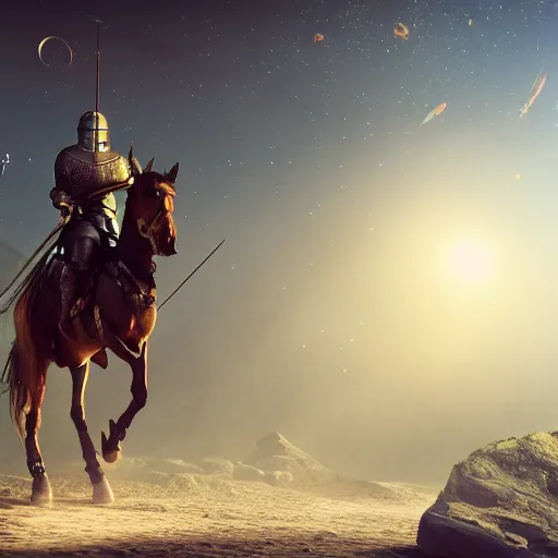 Prompt: A knight holding a sword while riding in a horse through the galaxy, hyperrealistic, 8K, octane render, highly detailed, volumetric lighting