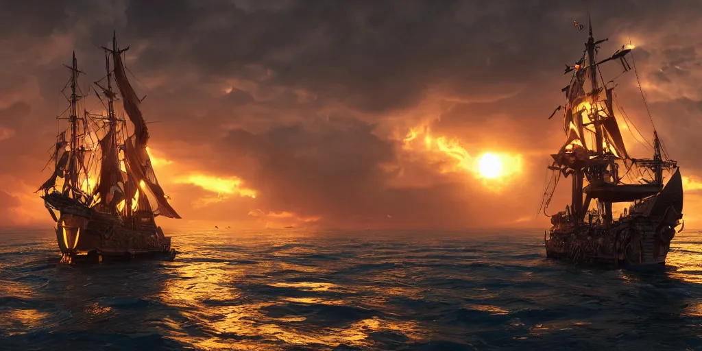 Prompt: medieval woman ship pilot from behind standing on a single ship at sea, dramatic golden neon sunset with tornado wall, wearing shiny breastplate, dynamic lighting, hyperrealistic, HD 4k, artstation