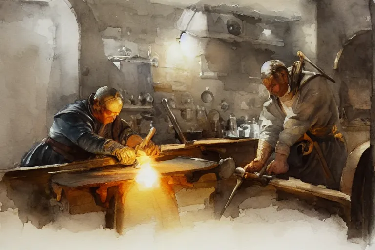 Image similar to centered on watercolor paper, paint brush strokes, smudged abstract watercolor painting of medieval blacksmith with apron, anvil, hammer, glow, cinematic light, national romanticism by hans dahl, by jesper ejsing, by anders zorn, by greg rutkowski, by greg manchess, by tyler edlin