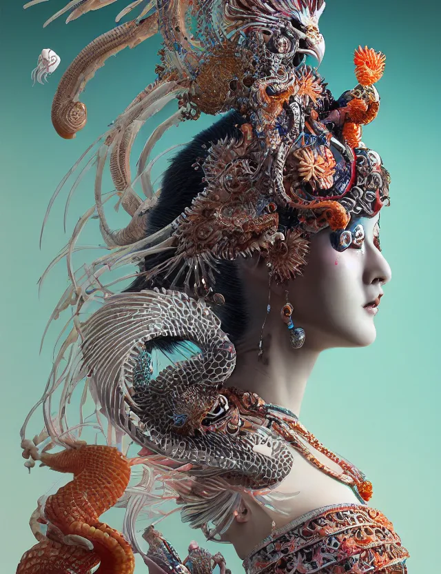 Image similar to 3 d goddess close - up 3 / 4 portrait with ram skull. beautiful intricately detailed japanese crow kitsune mask and clasical japanese kimono. betta fish, jellyfish phoenix, bio luminescent, plasma, ice, water, wind, creature, artwork by tooth wu and wlop and beeple and greg rutkowski