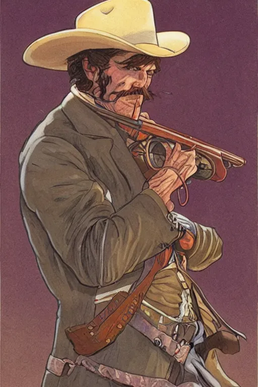 Prompt: Ezra. Smug old west circus sharpshooter. concept art by James Gurney and Mœbius.