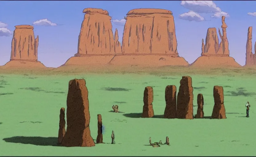 Image similar to a realistic cell - shaded studio ghibli concept art from paprika ( 2 0 0 6 ) of a multi - colored ufo from close encounters of the third kind ( 1 9 7 7 ) in a flooded monument valley temple stonehenge jungle. a giant camel is in the foreground. very dull colors, portal, hd, 4 k, hq