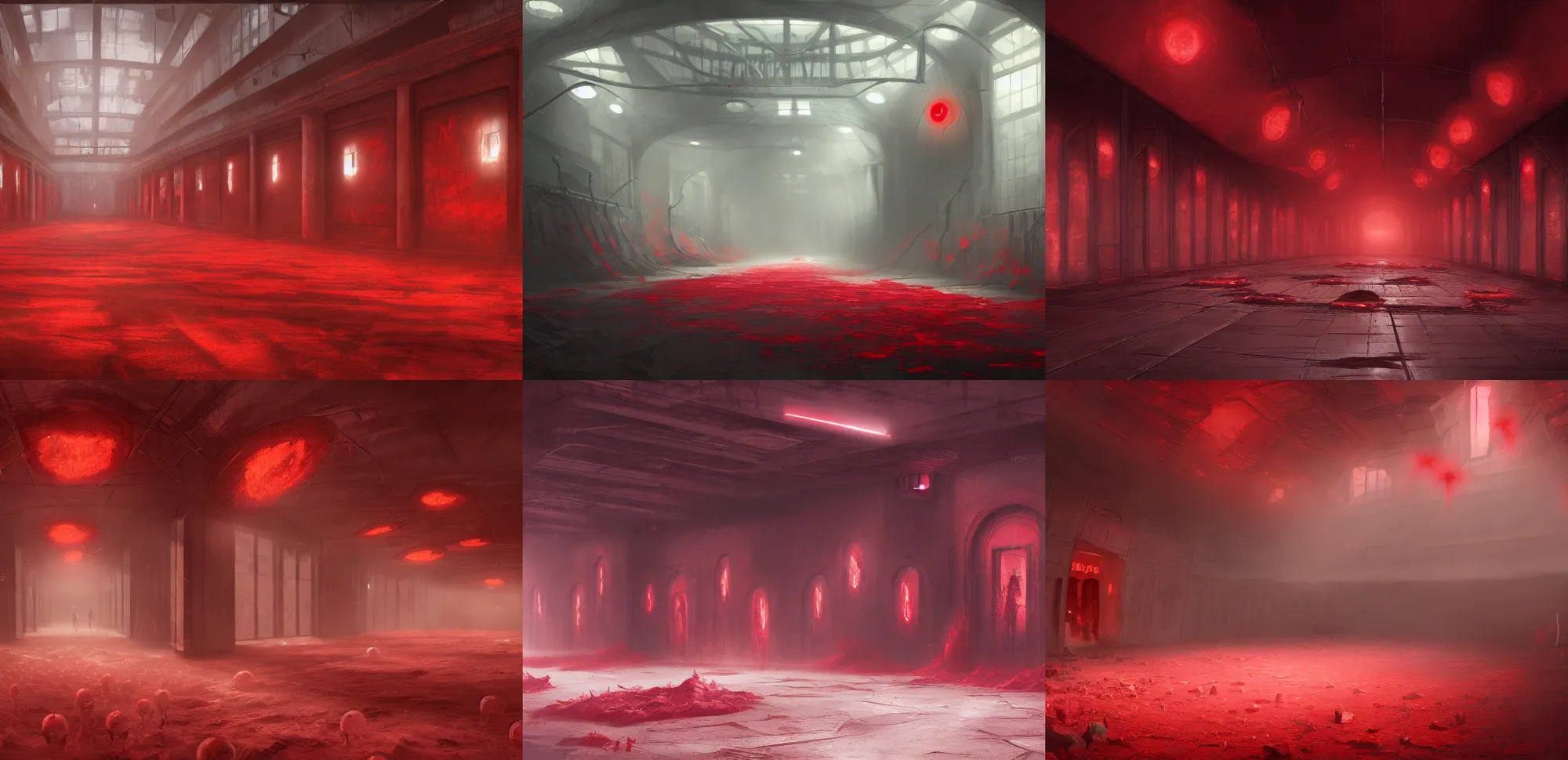 Prompt: matte painting concept art of a school hall way filled with red alien flesh and eyeballs, digital art, horror, trending on artstation, HD, 8K, highly detailed, good lighting, beautiful, epic, masterpiece