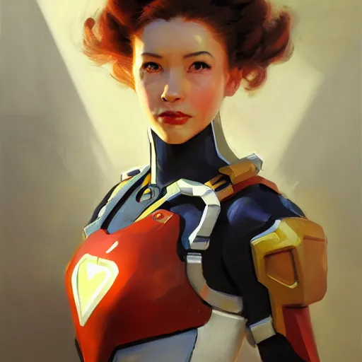 Image similar to greg manchess portrait painting of a female ironman as overwatch character, medium shot, asymmetrical, profile picture, organic painting, sunny day, matte painting, bold shapes, hard edges, street art, trending on artstation, by huang guangjian, gil elvgren, ruan jia, greg rutkowski, gaston bussiere