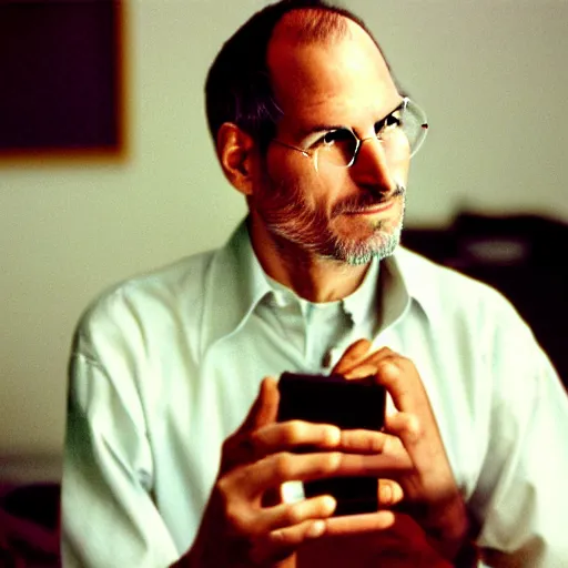 Image similar to portrait of steve jobs listening to rem on his ipod palo alto 1 9 8 8, in thomas ruff style, 3 5 mm ektachrome