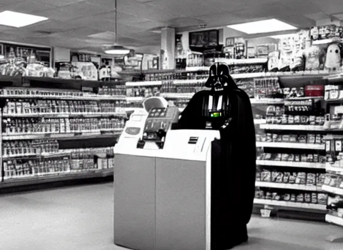 Image similar to film still of Darth Vader working as a clerk in a convenience store in Clerks movie 1994